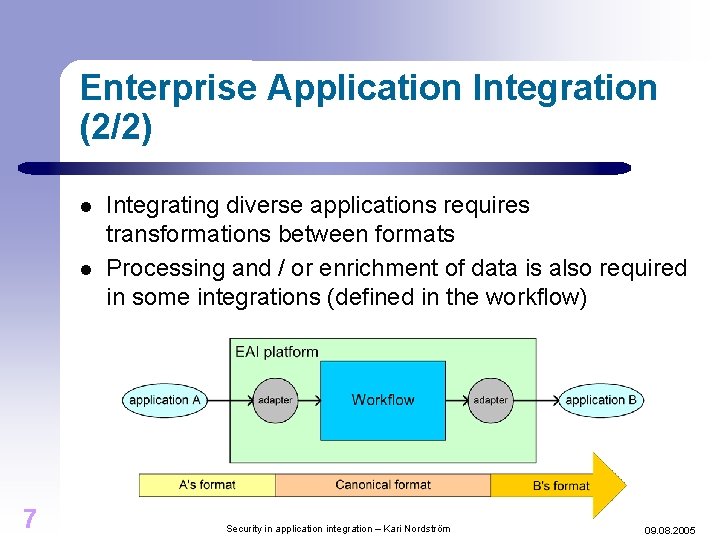 Enterprise Application Integration (2/2) l l 7 Integrating diverse applications requires transformations between formats