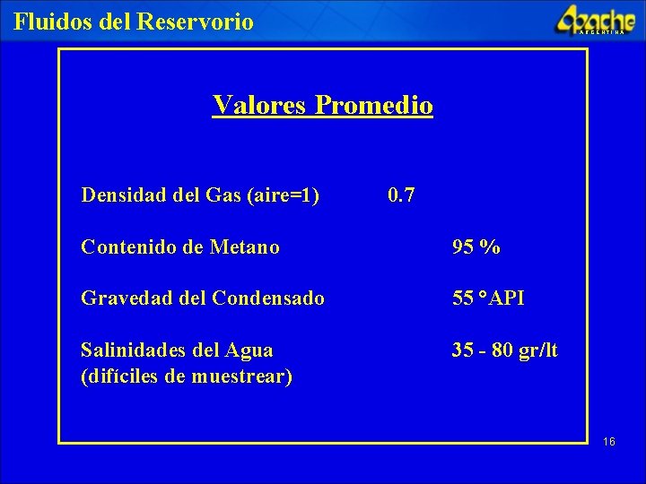 Fluidos del Reservorio ARGENTINA Valores Promedio Densidad del Gas (aire=1) 0. 7 Contenido de