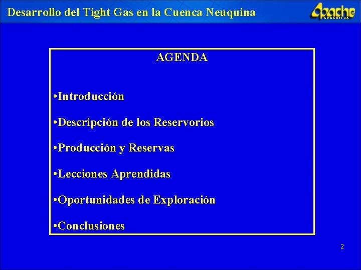 Desarrollo del Tight Gas en la Cuenca Neuquina ARGENTINA AGENDA • Introducción • Descripción