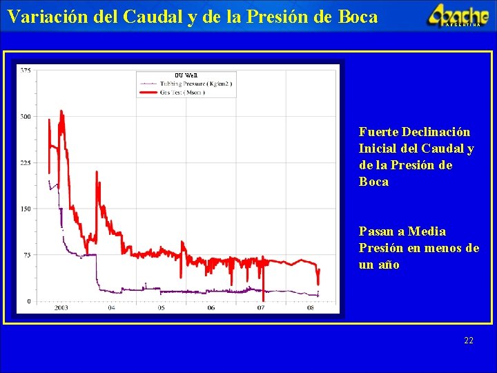 Variación del Caudal y de la Presión de Boca ARGENTINA GU Well Fuerte Declinación