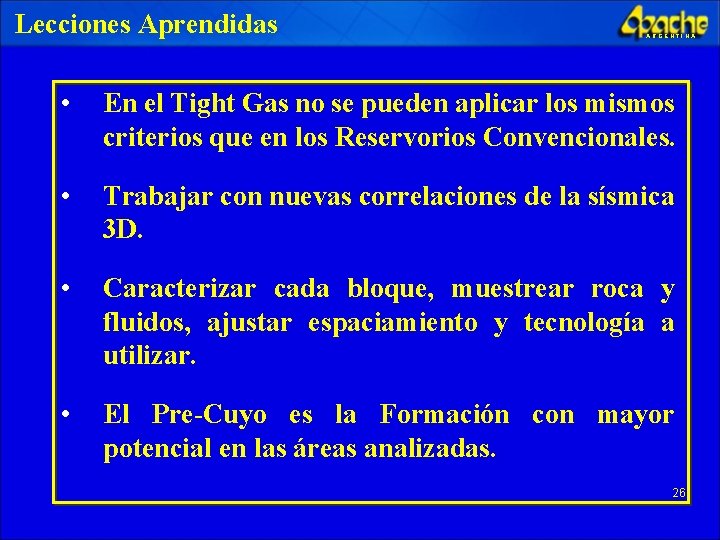 Lecciones Aprendidas ARGENTINA • En el Tight Gas no se pueden aplicar los mismos