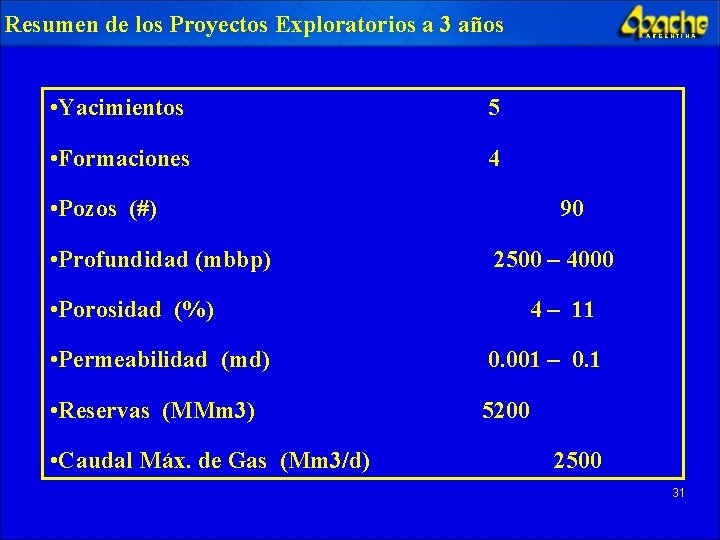 Resumen de los Proyectos Exploratorios a 3 años • Yacimientos 5 • Formaciones 4