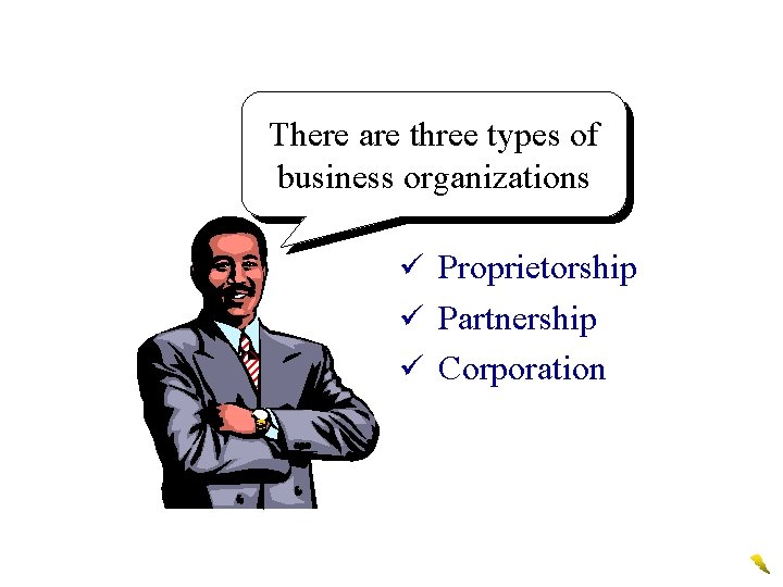 There are three types of business organizations ü Proprietorship ü Partnership ü Corporation 