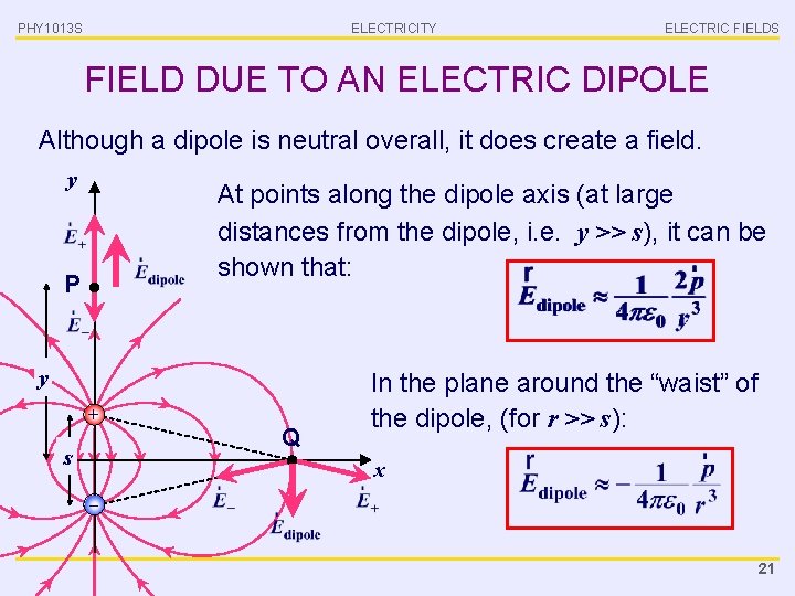 PHY 1013 S ELECTRICITY ELECTRIC FIELDS FIELD DUE TO AN ELECTRIC DIPOLE Although a