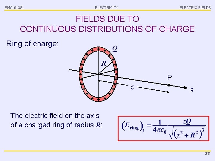 PHY 1013 S ELECTRICITY ELECTRIC FIELDS DUE TO CONTINUOUS DISTRIBUTIONS OF CHARGE Ring of