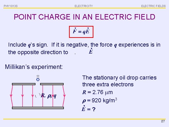 PHY 1013 S ELECTRICITY ELECTRIC FIELDS POINT CHARGE IN AN ELECTRIC FIELD Include q’s