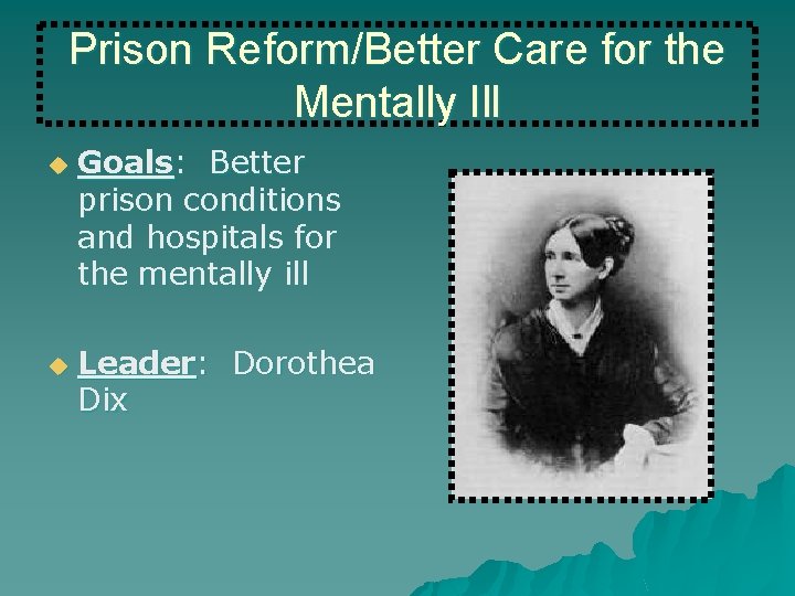 Prison Reform/Better Care for the Mentally Ill u u Goals: Better prison conditions and