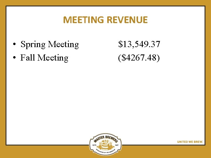 MEETING REVENUE • Spring Meeting • Fall Meeting $13, 549. 37 ($4267. 48) 