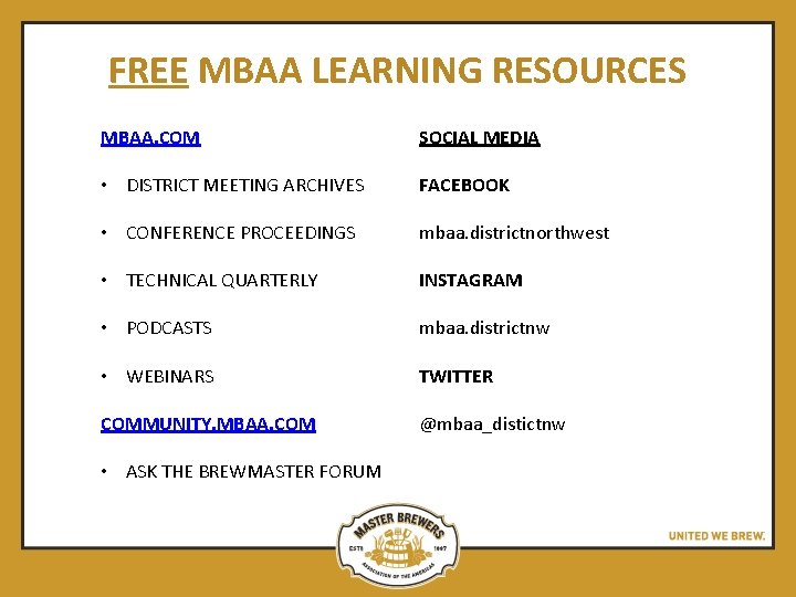 FREE MBAA LEARNING RESOURCES MBAA. COM SOCIAL MEDIA • DISTRICT MEETING ARCHIVES FACEBOOK •