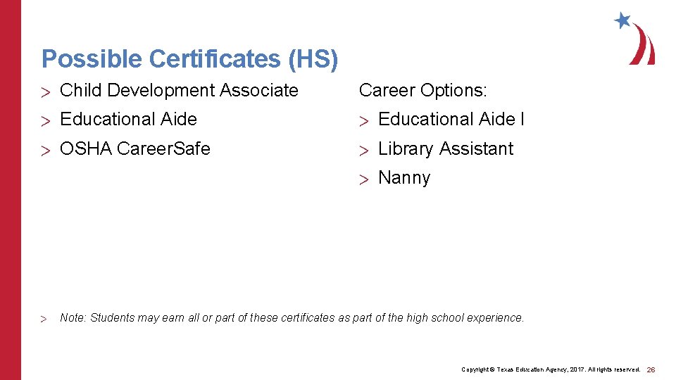 Possible Certificates (HS) > Child Development Associate Career Options: > Educational Aide I >