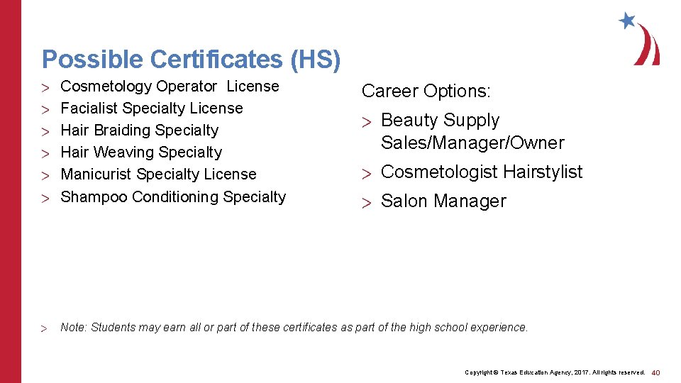 Possible Certificates (HS) > > > Cosmetology Operator License Facialist Specialty License Hair Braiding