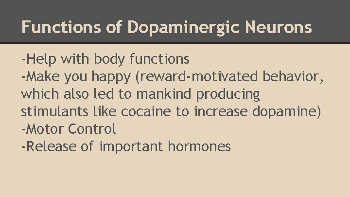 Functions of Dopaminergic Neurons -Help with body functions -Make you happy (reward-motivated behavior, which