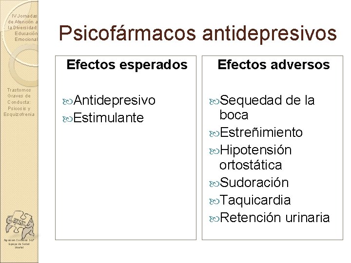 IV Jornadas de Atención a la Diversidad: Educación Emocional Psicofármacos antidepresivos Efectos esperados Trastornos