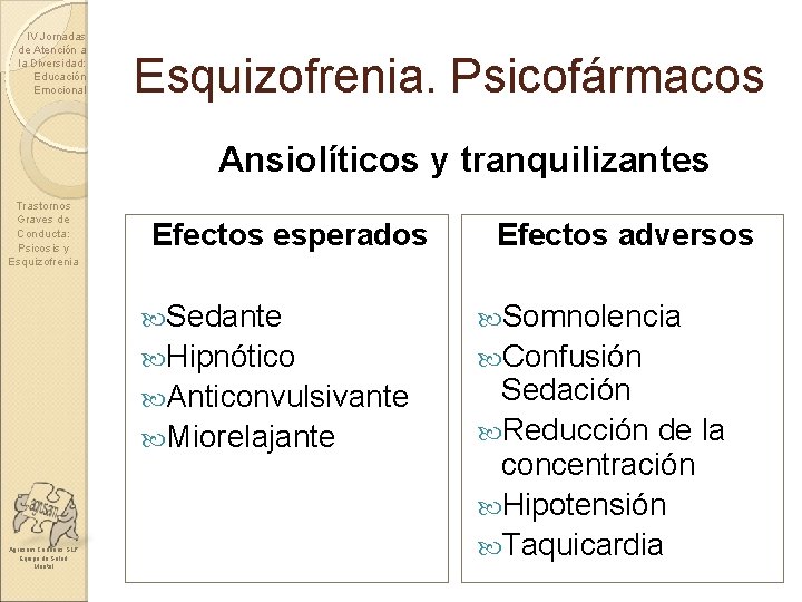 IV Jornadas de Atención a la Diversidad: Educación Emocional Esquizofrenia. Psicofármacos Ansiolíticos y tranquilizantes