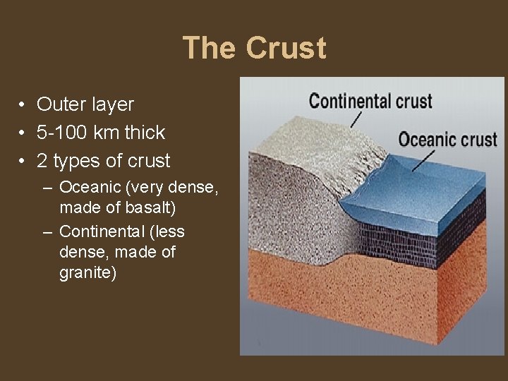 The Crust • Outer layer • 5 -100 km thick • 2 types of