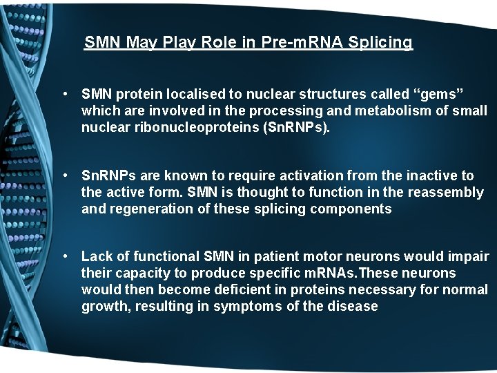 SMN May Play Role in Pre-m. RNA Splicing • SMN protein localised to nuclear