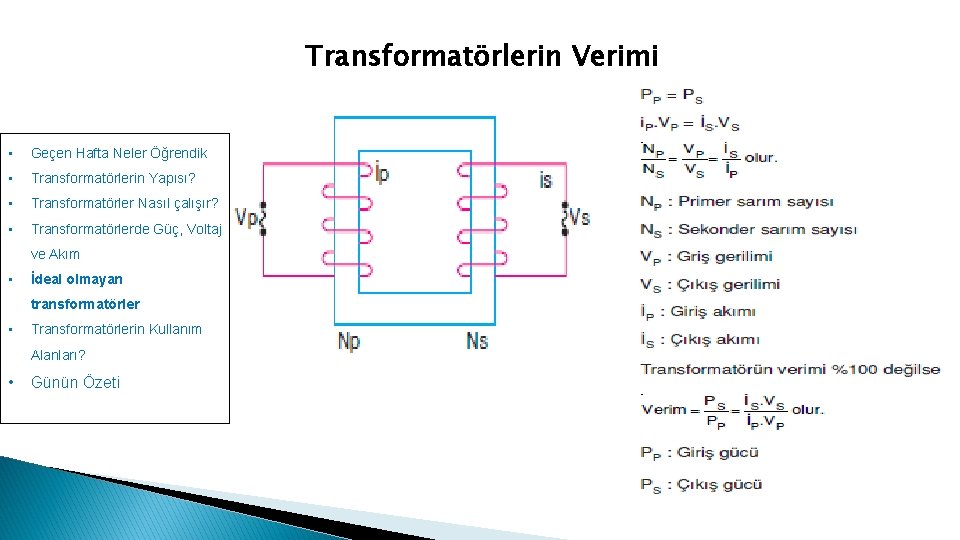 Transformatörlerin Verimi • Geçen Hafta Neler Öğrendik • Transformatörlerin Yapısı? • Transformatörler Nasıl çalışır?