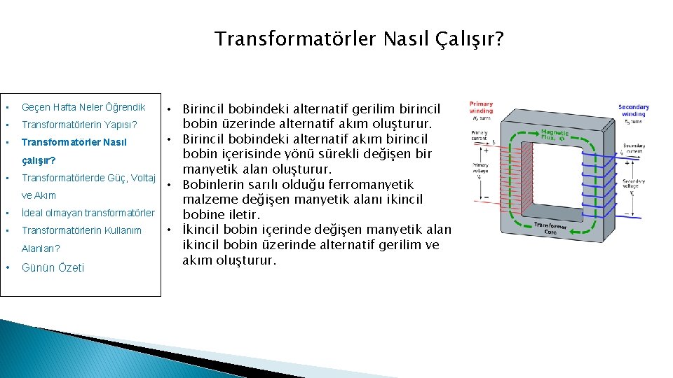 Transformatörler Nasıl Çalışır? • Geçen Hafta Neler Öğrendik • Transformatörlerin Yapısı? • Transformatörler Nasıl