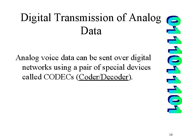 Digital Transmission of Analog Data Analog voice data can be sent over digital networks
