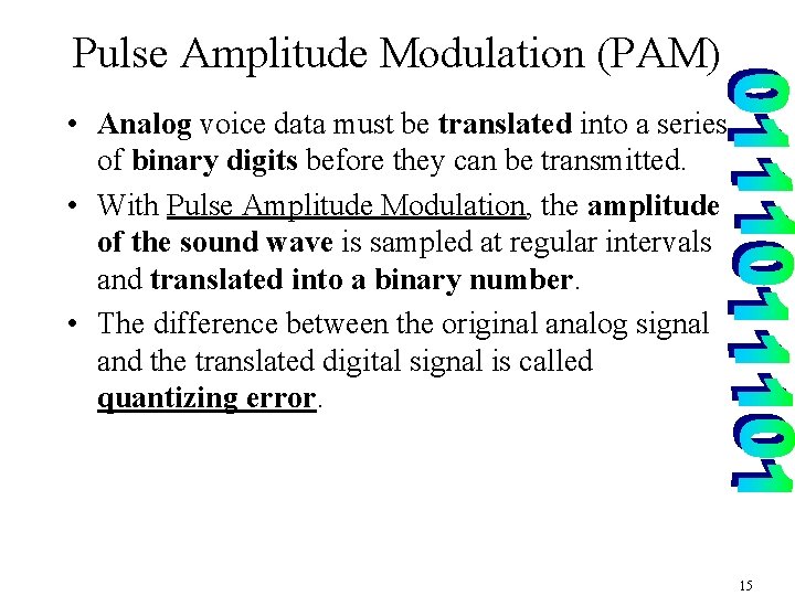 Pulse Amplitude Modulation (PAM) • Analog voice data must be translated into a series