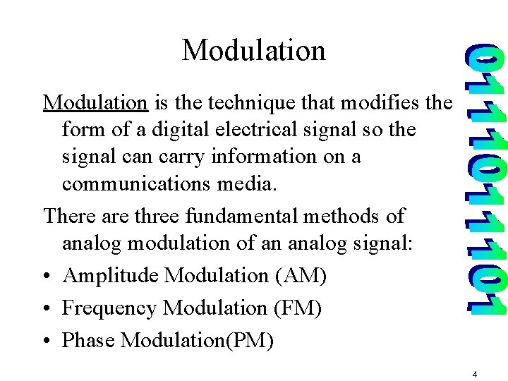 Modulation is the technique that modifies the form of a digital electrical signal so