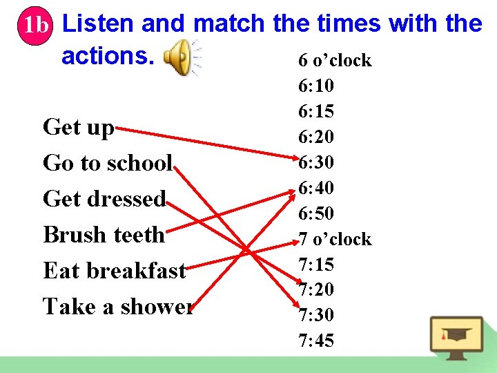 1 b Listen and match the times with the actions. 6 o’clock Get up 1 b Listen and match the times with the actions. 6 o’clock Get up