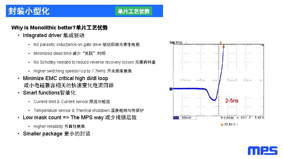 封装小型化 单片 艺优势 Why is Monolithic better? 单片 艺优势 • Integrated driver 集成驱动 •