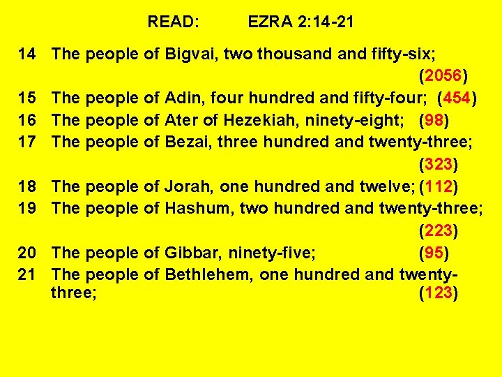 READ: EZRA 2: 14 -21 14 The people of Bigvai, two thousand fifty-six; (2056)
