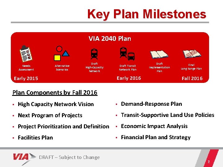 Key Plan Milestones VIA 2040 Plan Needs Assessment Alternative Scenarios Draft High-Capacity Network Draft