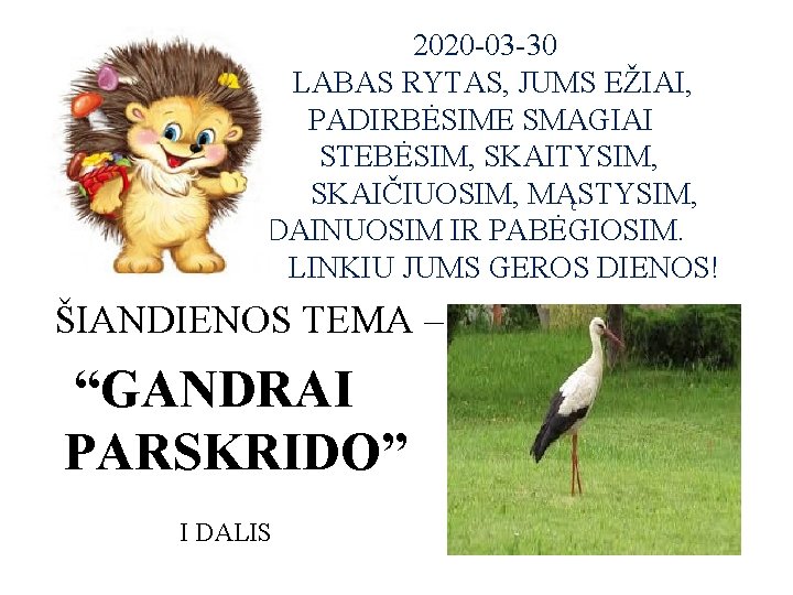 2020 -03 -30 LABAS RYTAS, JUMS EŽIAI, PADIRBĖSIME SMAGIAI STEBĖSIM, SKAITYSIM, SKAIČIUOSIM, MĄSTYSIM, DAINELES