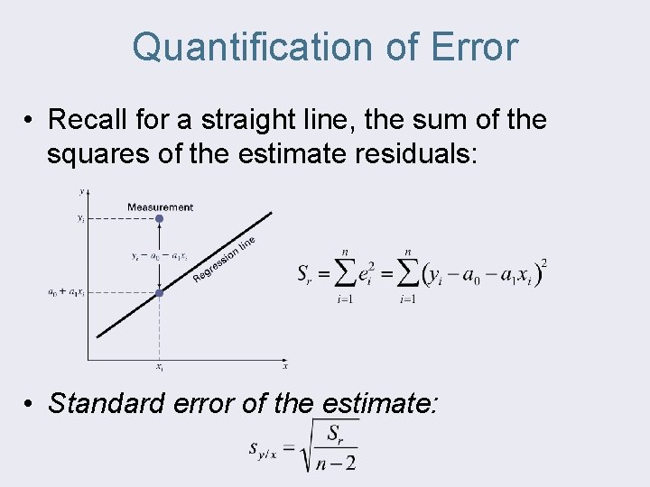 Quantification of Error • Recall for a straight line, the sum of the squares