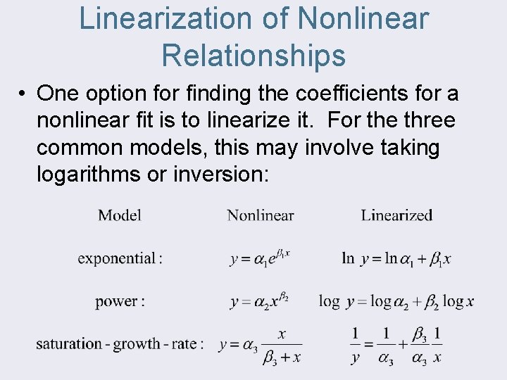 Linearization of Nonlinear Relationships • One option for finding the coefficients for a nonlinear