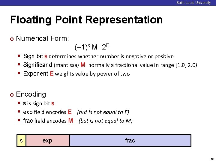 Saint Louis University Floating Point Representation ¢ Numerical Form: (– 1)s M 2 E