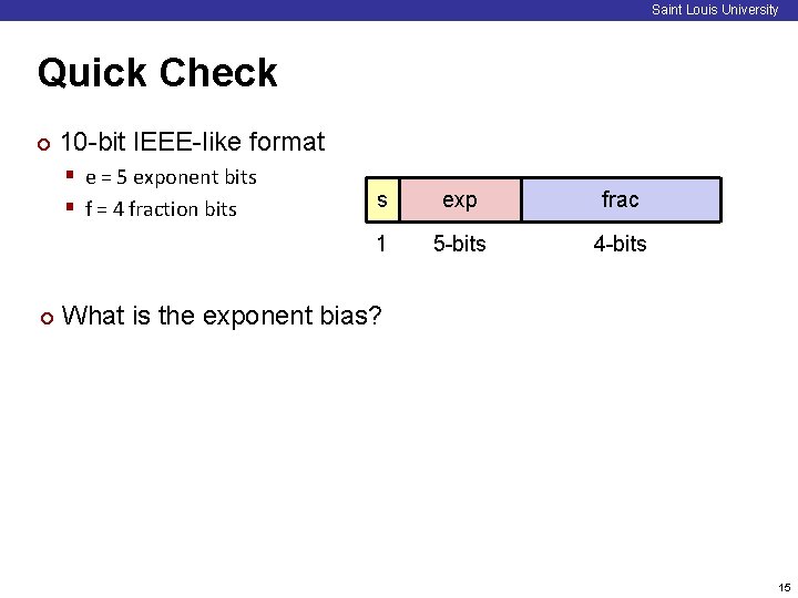 Saint Louis University Quick Check ¢ 10 -bit IEEE-like format § e = 5