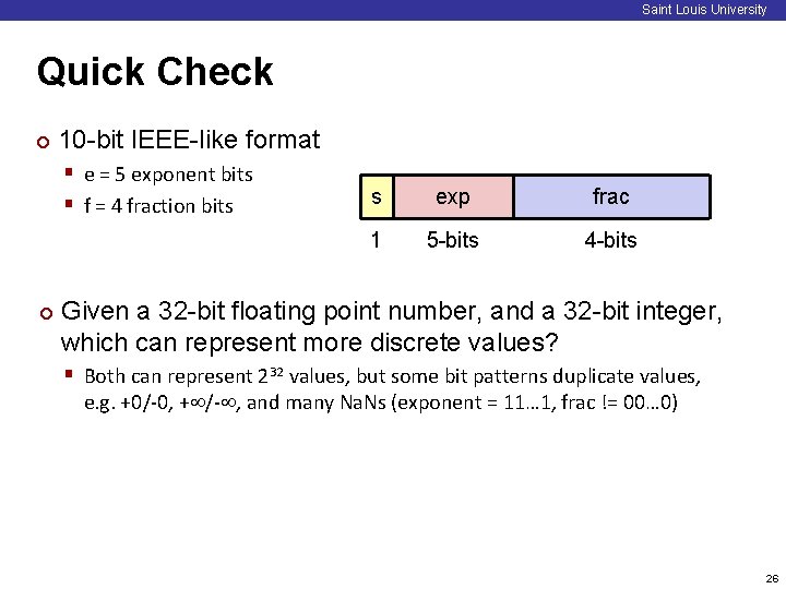 Saint Louis University Quick Check ¢ 10 -bit IEEE-like format § e = 5