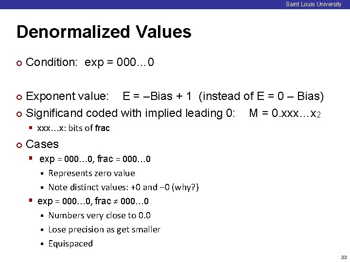 Saint Louis University Denormalized Values ¢ Condition: exp = 000… 0 Exponent value: E