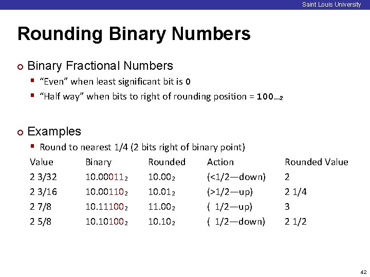 Saint Louis University Rounding Binary Numbers ¢ Binary Fractional Numbers § “Even” when least