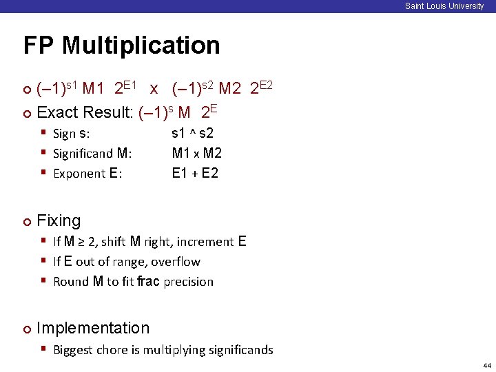 Saint Louis University FP Multiplication (– 1)s 1 M 1 2 E 1 x