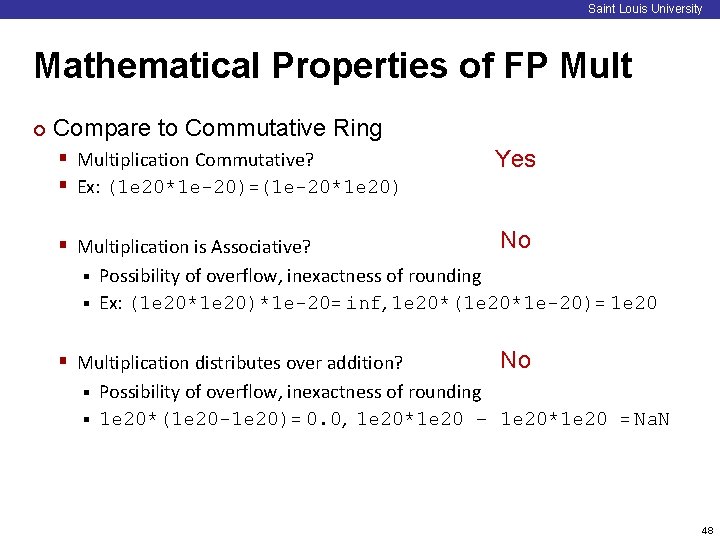 Saint Louis University Mathematical Properties of FP Mult ¢ Compare to Commutative Ring §