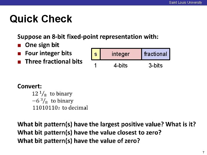 Saint Louis University Quick Check s integer fractional 1 4 -bits 3 -bits 7