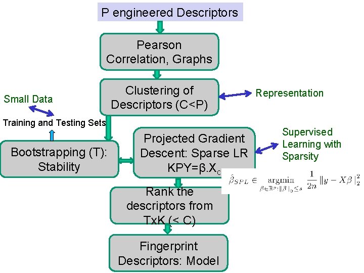 P engineered Descriptors Pearson Correlation, Graphs Small Data Clustering of Descriptors (C<P) Training and