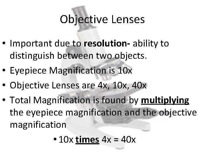 Objective Lenses • Important due to resolution- ability to distinguish between two objects. •