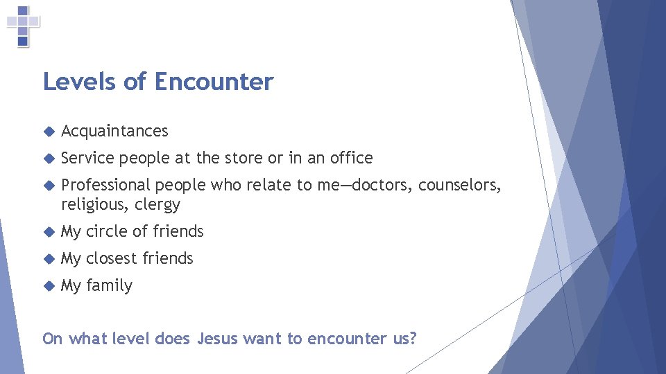 Levels of Encounter Acquaintances Service people at the store or in an office Professional