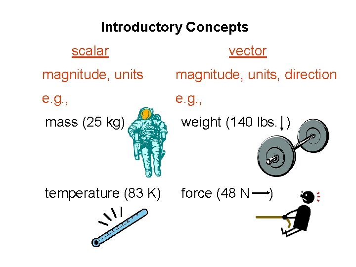 Introductory Concepts scalar vector magnitude, units, direction e. g. , mass (25 kg) weight