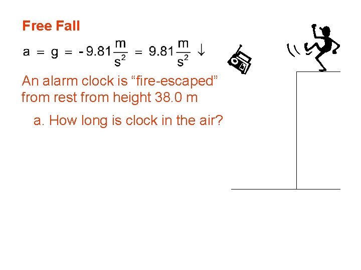 Free Fall An alarm clock is “fire-escaped” from rest from height 38. 0 m