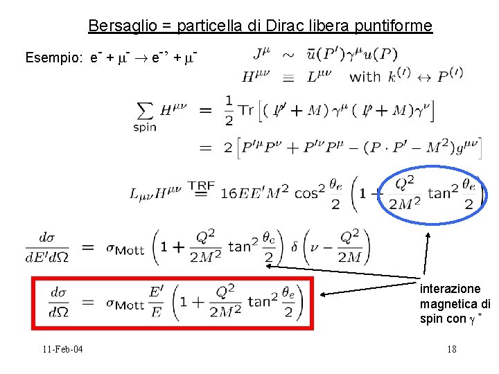 Bersaglio = particella di Dirac libera puntiforme Esempio: e- + - ! e-’ +