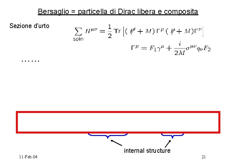 Bersaglio = particella di Dirac libera e composita Sezione d’urto …… internal structure 11