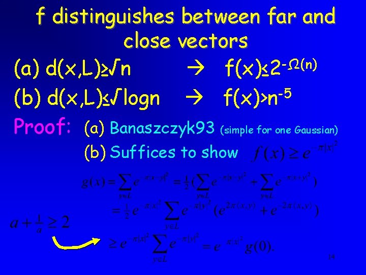 f distinguishes between far and close vectors (a) d(x, L)≥√n f(x)≤ 2 -Ω(n) (b) f distinguishes between far and close vectors (a) d(x, L)≥√n f(x)≤ 2 -Ω(n) (b)