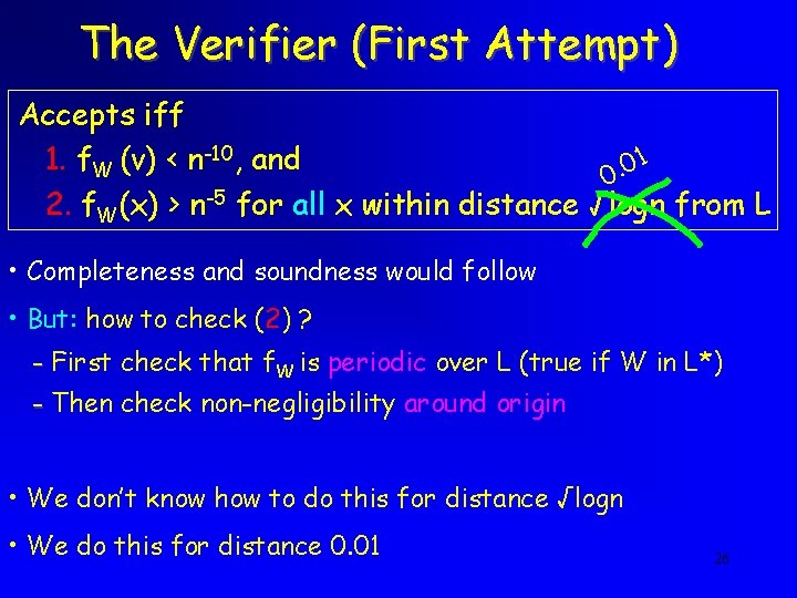 The Verifier (First Attempt) Accepts iff 1 1. f. W (v) < n-10, and The Verifier (First Attempt) Accepts iff 1 1. f. W (v) < n-10, and