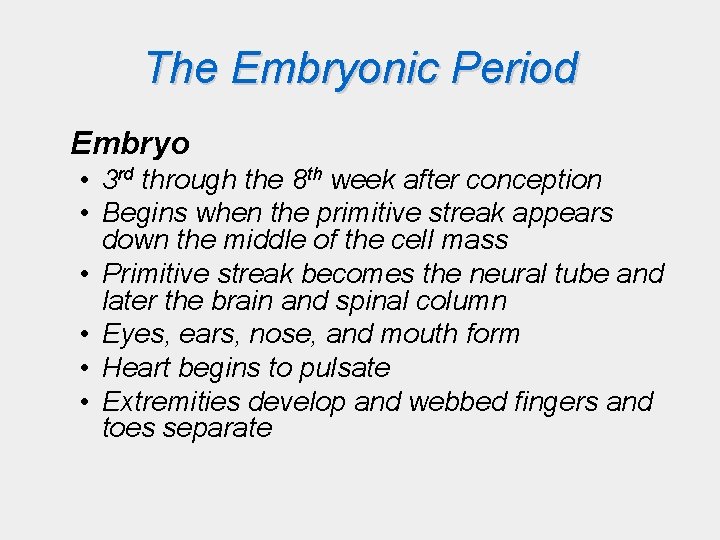 The Embryonic Period Embryo • 3 rd through the 8 th week after conception